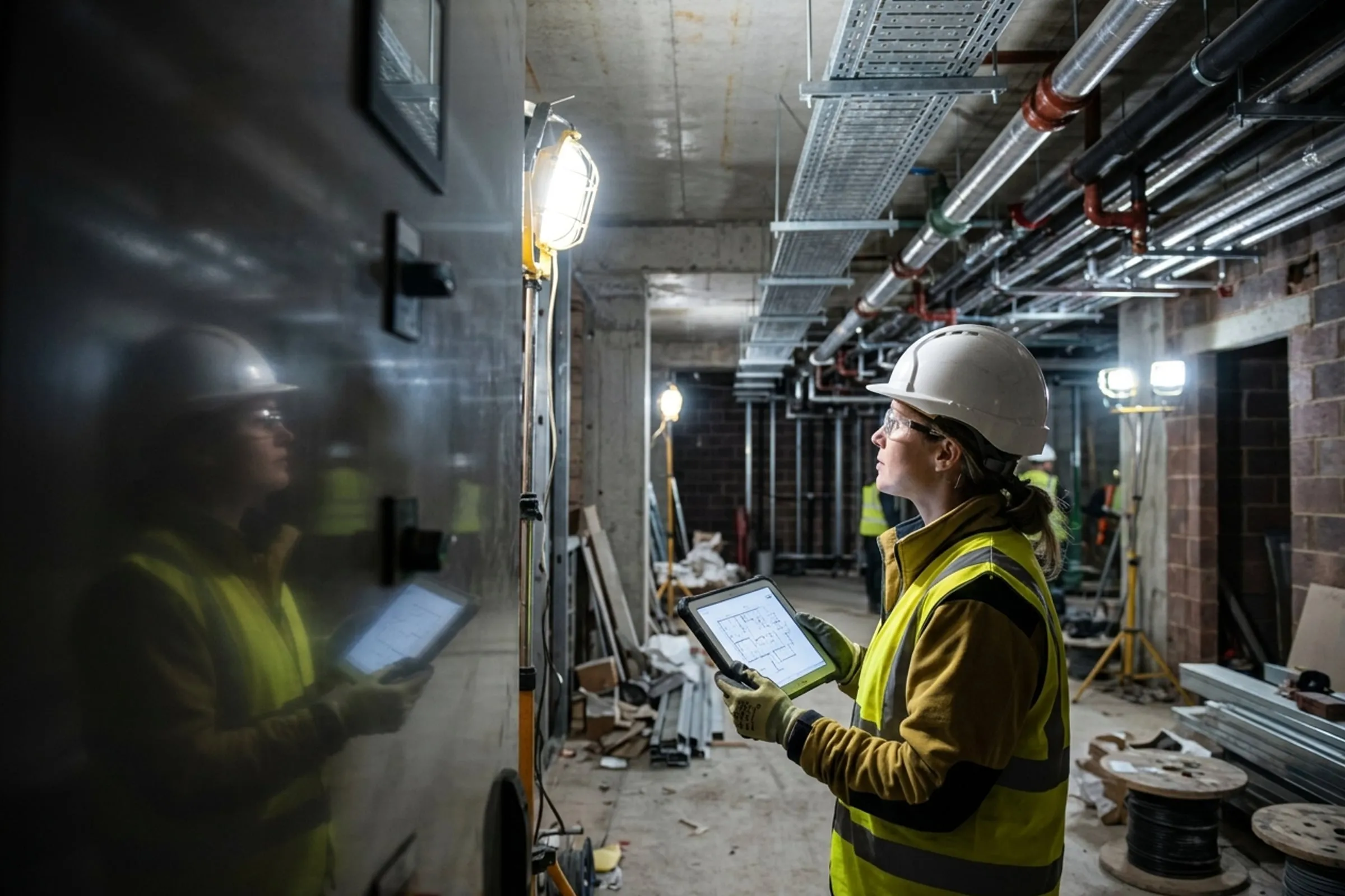 Structured cabling and fibre runs inside a data hall cabinet, lit from within
