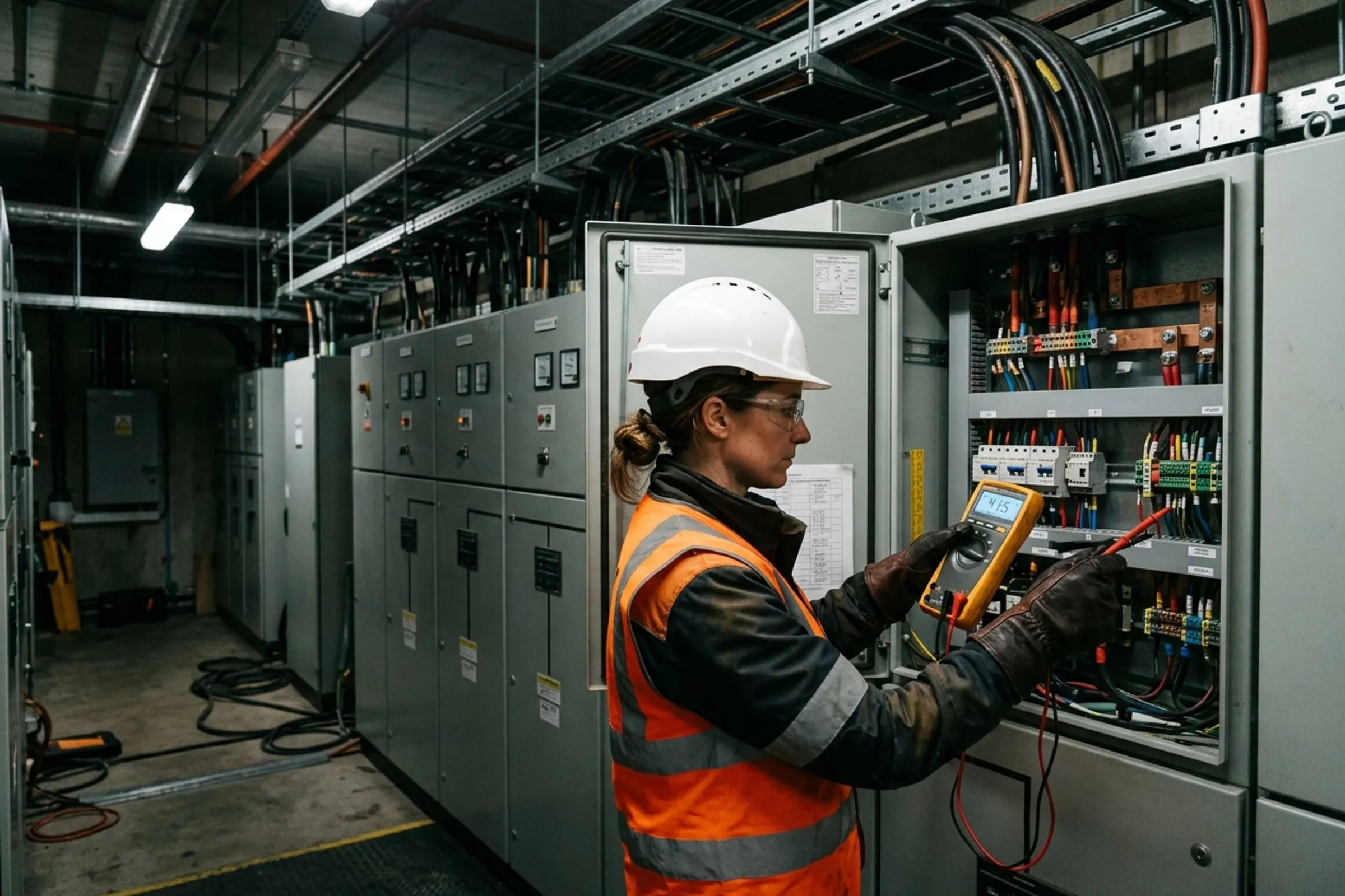 Commissioning engineer checking switchgear with a tablet in a data centre plant room
