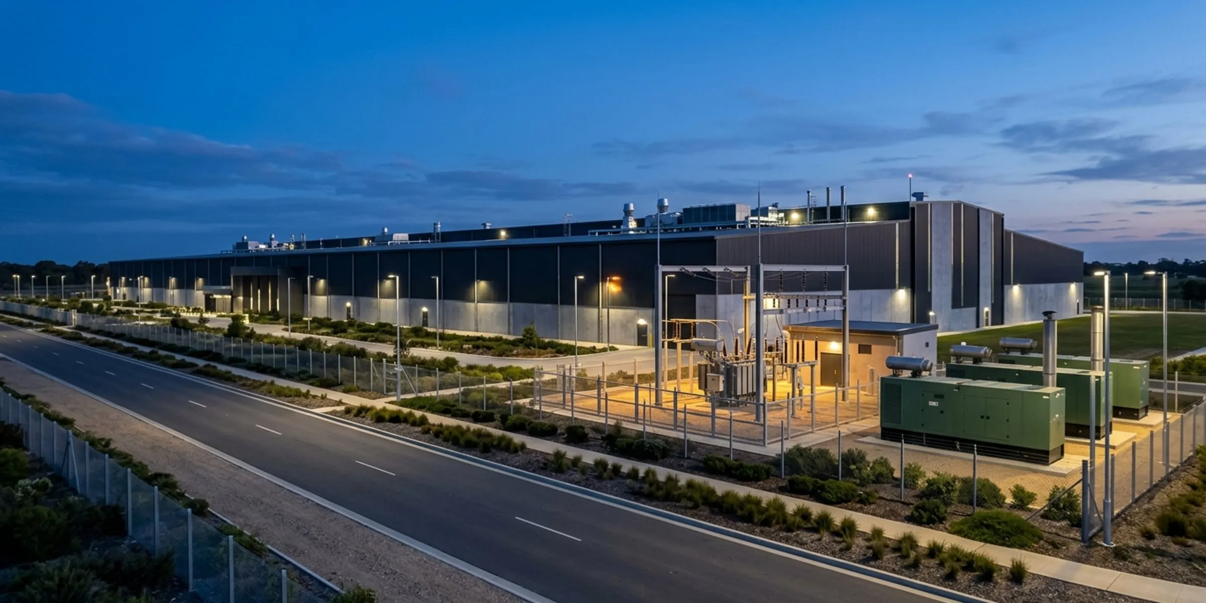 A completed data centre at blue hour, seen from the access road, with its substation and generators in the foreground