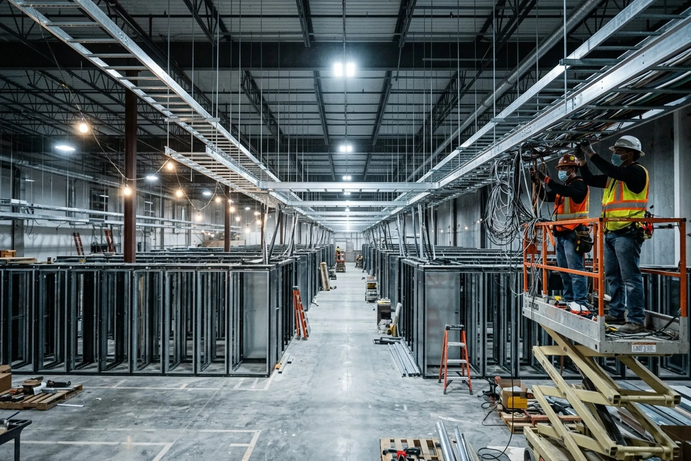 A data hall during fit out, containment overhead and technicians on a lift dressing cable tray