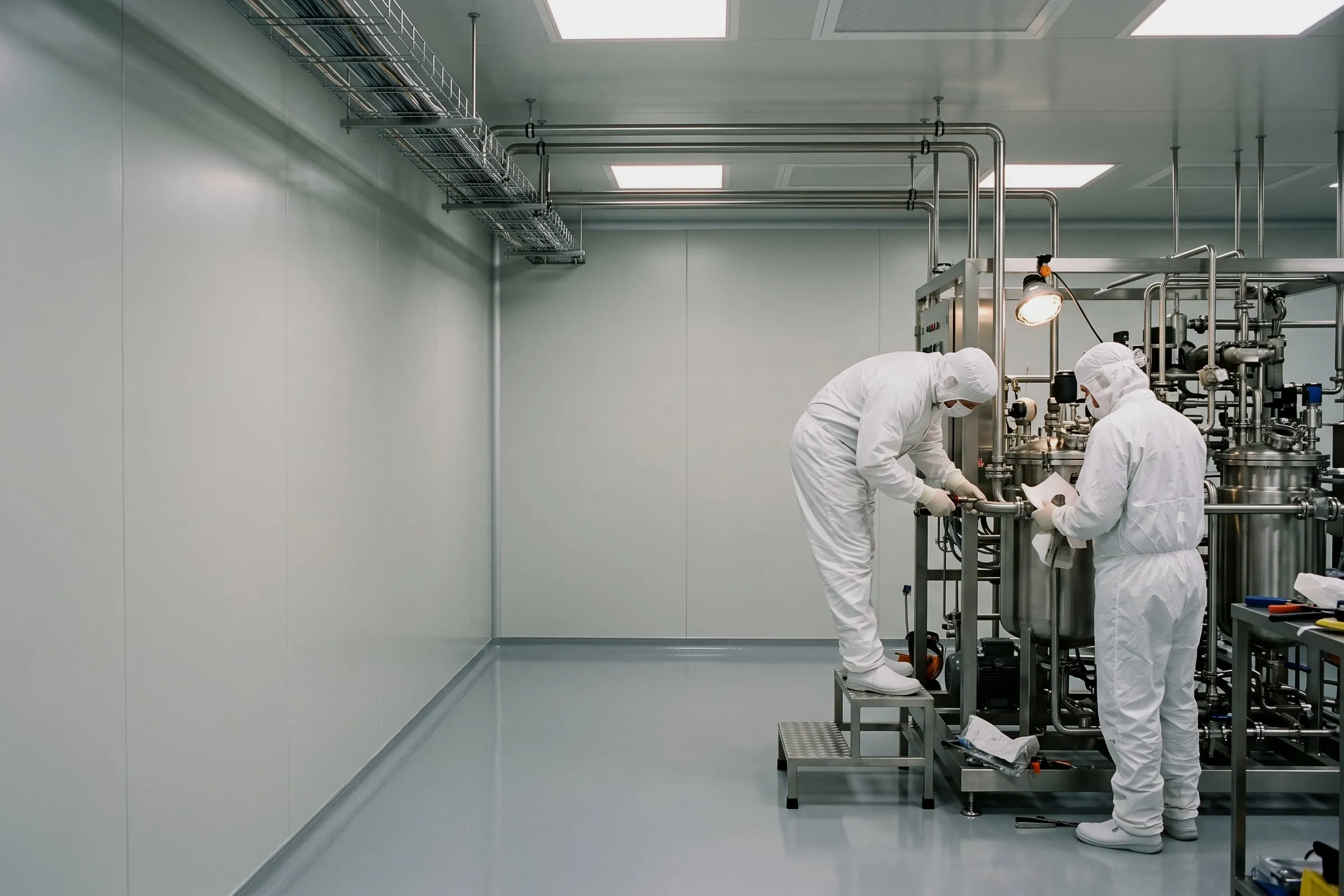 Two gowned technicians connecting pipework on a stainless steel process skid in a cleanroom during fit out