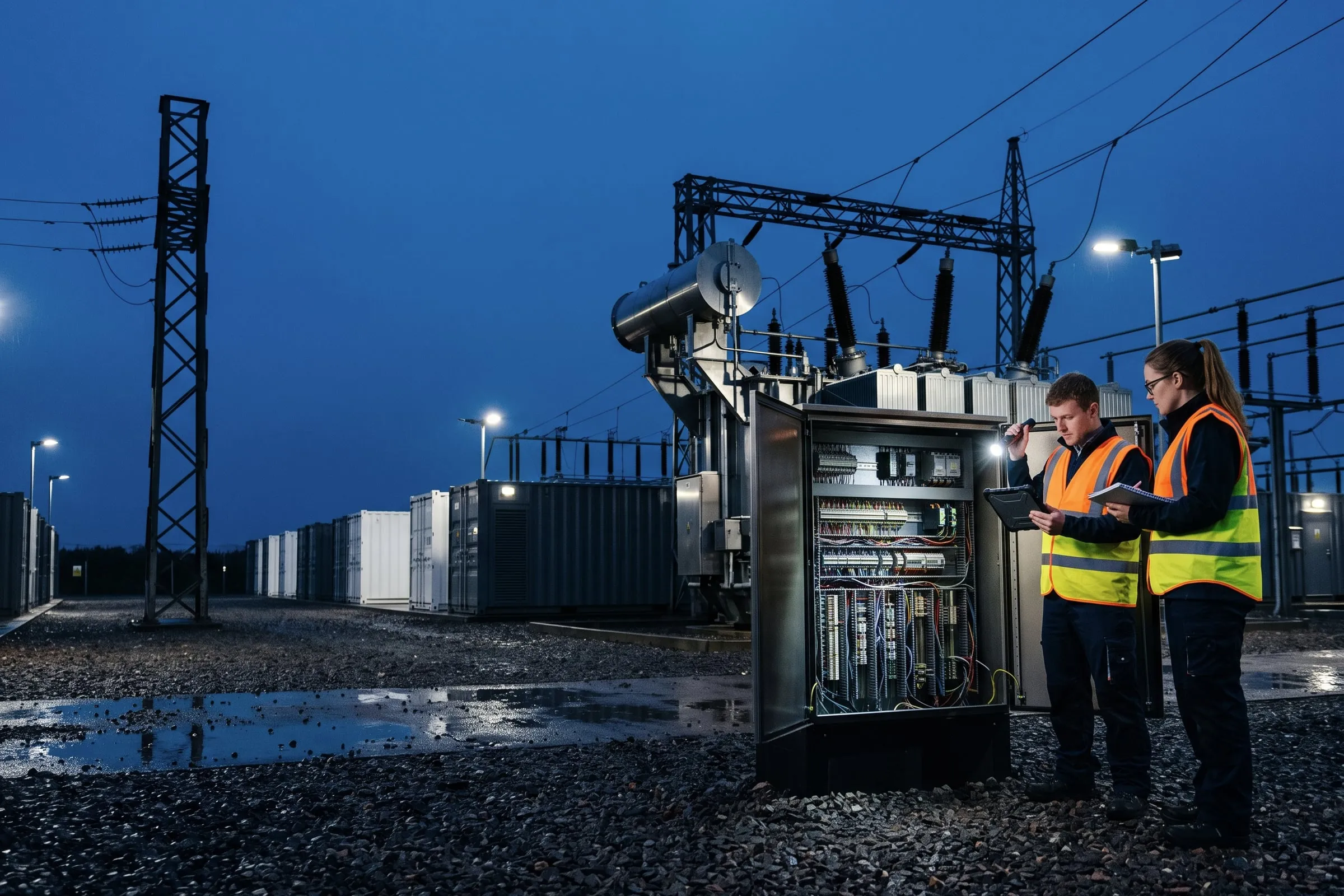 Two commissioning engineers at an open marshalling cabinet in a substation at dusk, battery containers behind them