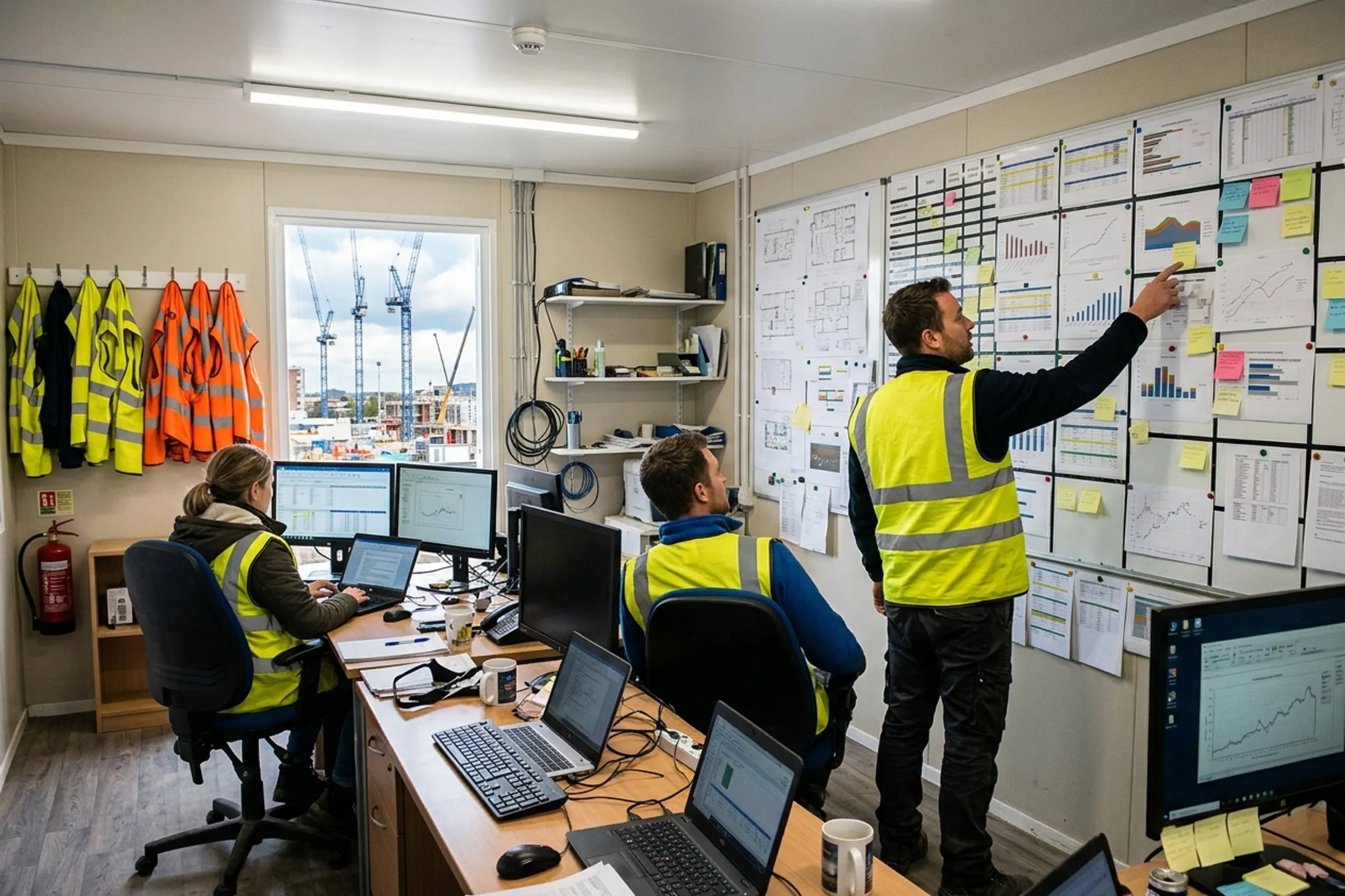 Delivery team reviewing programme boards in a site office