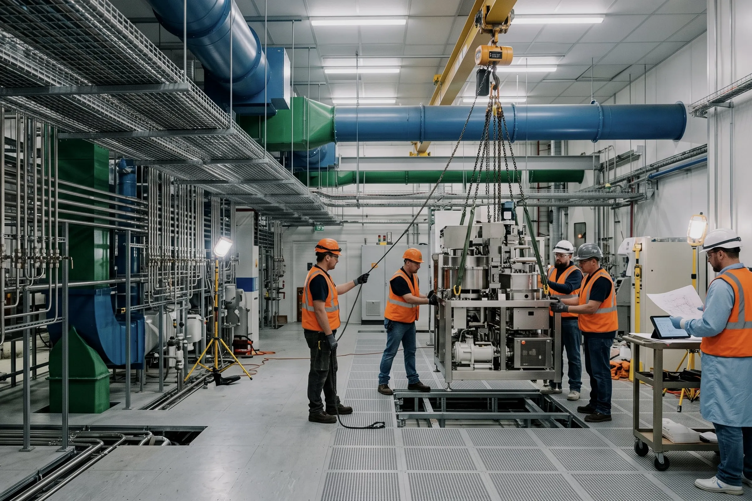 A rigging crew lowering a process tool from a hoist onto a raised floor in a fab, with gas lines and ductwork overhead